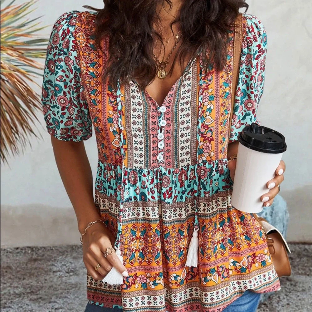🧡 BOHO BLUE ORANGE MULTI FLORAL LOOSE FIT TOP! - Picture 2 of 8
